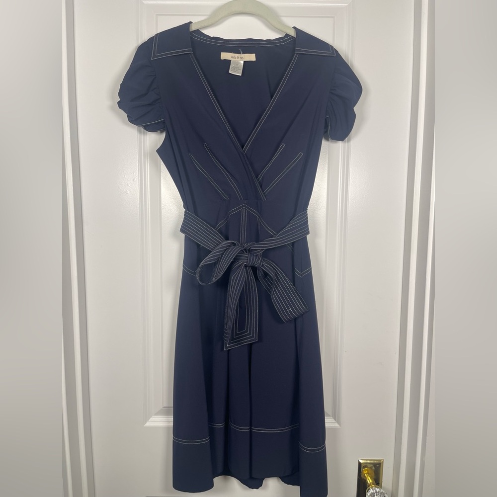 Ark & Co Navy Midi Dress w/ Stitch Detail & Puff Sleeves - Small